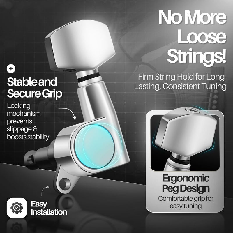 Flexzion Acoustic Guitar Tuning Pegs - 3x3 Chrome Finish Acoustic and Electric Guitar Tuner Pegs - 6 Pieces Locking Keys String Tuner Machine Heads Knobs Replacement, Silver - Image 4